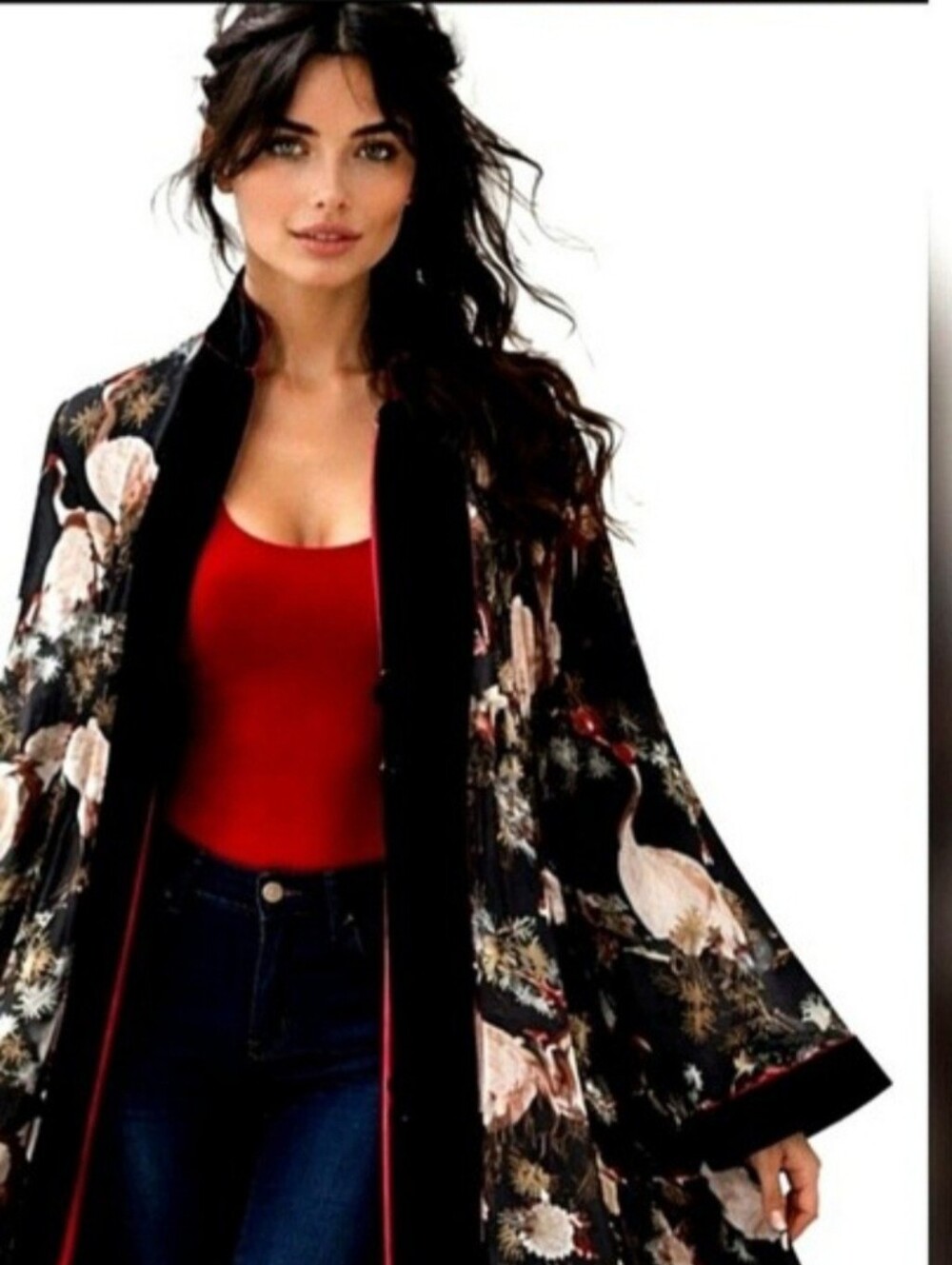 Heron Print Robe With Black Velvet & Red Satin Piping Collar Cuff Detail Jacket